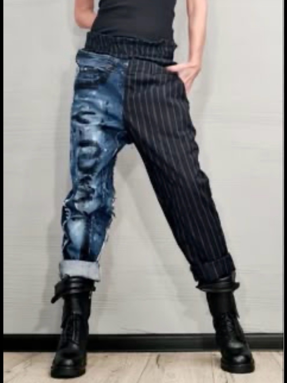 Asymmetric Two-Tone Pinstripe & Distressed Pants - Black & Blue